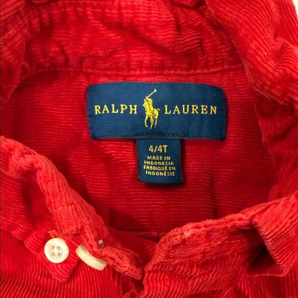 Ralph Lauren Crimson Corduroy Button Down Shirt with Chocolate Elbow Patches 4T